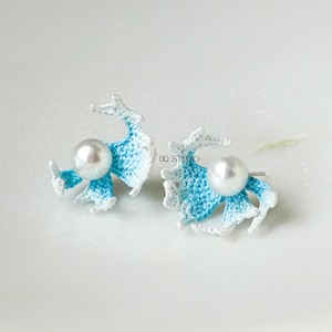 Whispering Tides Micro Crochet Ocean Wave Earrings with Freshwater Pearl Handmade Lace Thread Jewelry Coastal Inspired Fiber Art