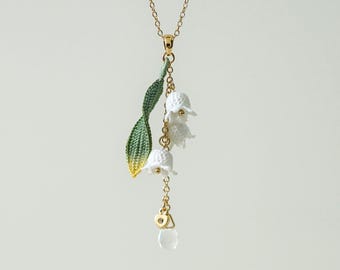 Whispering Petals Micro Crochet Lily of the Valley Necklace Handmade Botanical Floral Fiber Art Delicate Spring Jewelry Gift for Her