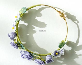 Whispering Petals Micro Crochet Purple Flower Wreath Bracelet Handmade Floral Cuff Bracelet French Romantic Wrist Cuff Gift for Her