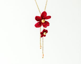 Whispering Petals Micro Crochet Red Flower Necklace Handmade Botanical Romantic Gift for Her