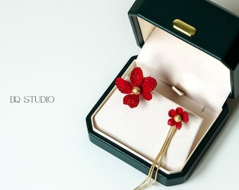 Whispering Petals Micro Crochet Red Flower Earrings Handmade Botanical Romantic Gift for Her