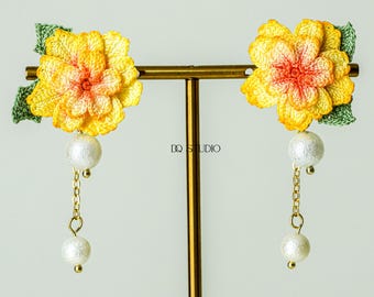 Whispering Petals Micro Crochet Flower Earrings Handmade Yellow Floral Pearl Tassel Earrings Romantic Style Lightweight Artisan Jewelry