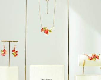 Whispering Petals Micro Crochet Ginkgo Leaf Jewelry Set Handmade Necklace & Earrings Botanical Bridal Jewelry Delicate Flower Jewelry