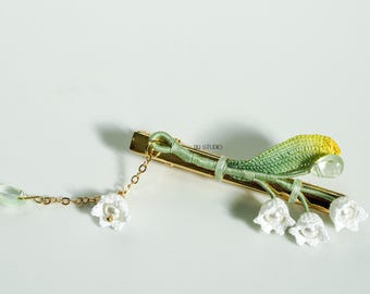 Whispering Petals Micro Crochet Lily of the Valley Hair Clip Handmade Floral Barrette with Green Teardrop Beads