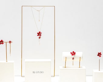 Whispering Petals Micro Crochet Floral Jewelry Set Handmade Red Flower Necklace Earrings Bracelet Ring Botanical Romantic Artisan Set