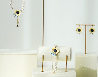 Whispering Petals Micro Crochet Coreopsis Jewelry Set Handmade Snake Eye Daisy Necklace&Bracelet with Freshwater Pearl Floral Botanical