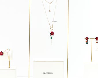 Micro Crochet Poinsettia Jewelry Set Handmade Christmas Flower Necklace Bracelet and Earrings Holiday Floral Jewelry Festive Gift for Her