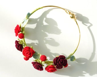 Whispering Petals Micro Crochet Red Rose Statement Bracelet Handmade Floral Cuff Bracelet French Romantic Wrist Cuff Gift for Her