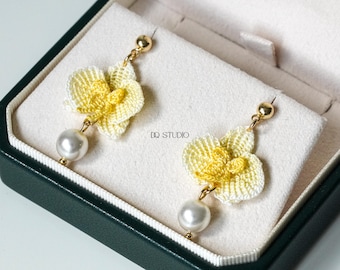 Whispering Petals Micro Crochet Phalaenopsis Orchid Earrings Handmade Floral Pearl Dangle Earrings Romantic Jewelry