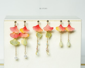 Whispering Petals Micro Crochet Ginkgo Leaf Earrings Pastel Floral Dangle Earrings Gift for Her Handmade Lightweight Artisan Jewelry