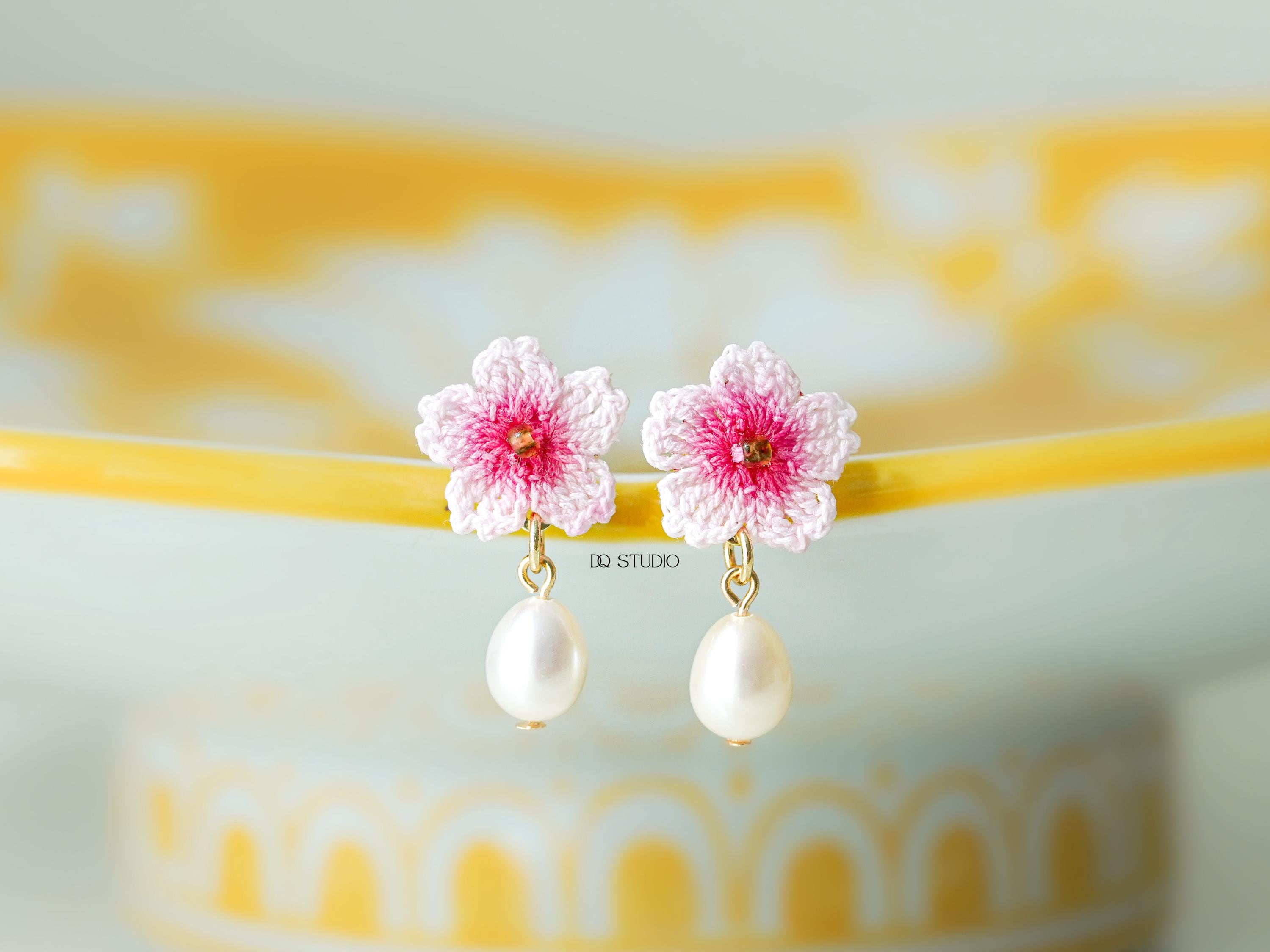Whispering Petals Micro Crochet Sakura Earrings with Freshwater Pearl Handmade Cherry Blossom Floral Earrings Handmade Lace Thread Jewelry