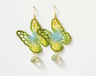 Micro Crochet Butterfly Earrings, Handmade Green Blue Gradient Floral Dangle Jewelry