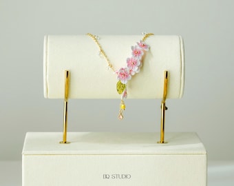 Whispering Petals Micro Crochet Sakura Bracelet Cherry Blossom Bracelet Botanical Flower Delicate Bridal Jewelry