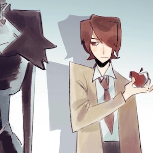 May include: Illustration of two anime-style characters. One character is a pale figure with sharp teeth and a black outfit. The other character is a person with brown hair, a tan blazer, and a red tie, holding a red apple.