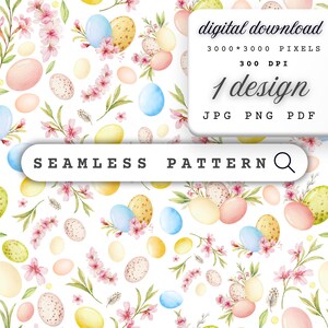 May include: A seamless pattern featuring watercolour illustrations of pastel coloured eggs, pink flowers, and green leaves. The pattern is perfect for spring or Easter crafts.