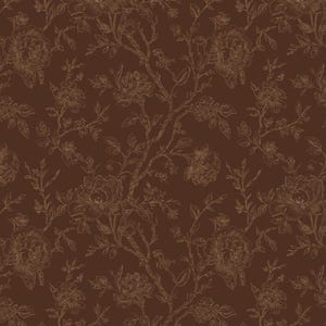 May include: A dark brown wallpaper featuring a repeating pattern of delicate, light brown line-art flowers and winding branches. The design showcases intricate floral details with thin, elegant strokes against a solid, deep brown background.