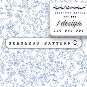 以下が含まれることがあります： 白地に青い花のイラストが描かれたシームレスパターンのデザイン。画像には「digital download」、「3000*3000 pixels」、「300 DPI」、「1 design」というテキストと、JPG、PNG、PDFのファイル形式オプションが含まれています。「SEAMLESS PATTERN」という言葉も表示されています。