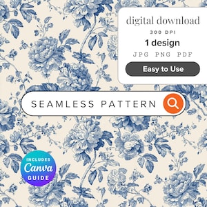 May include: A seamless pattern design featuring blue floral elements on a cream background. The image includes text that reads "digital download", "300 DPI", "1 design", and "Easy to Use". The design is available in JPG, PNG, and PDF formats.