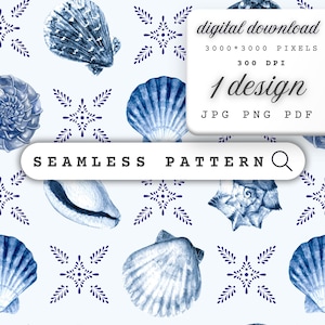 Patrón sin costuras de conchas marinas, descarga digital, fondo de conchas de playa imprimible para hacer tarjetas, papel digital con temática oceánica para decoración de fiestas