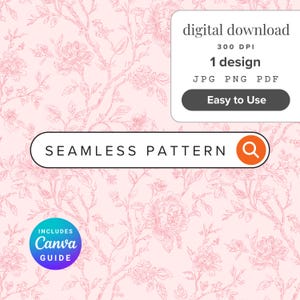 Pink Floral Toile de Jouy Seamless Pattern: Vintage Botanical Chinoiserie Print (Digital Download)