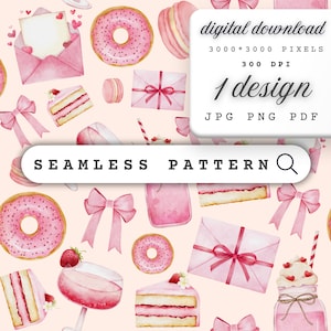 Patrón sin costuras de dulces y bebidas rosas, descarga digital, lindo papel digital con temática de pastelería rosa, lindo patrón repetitivo romántico con temática de panadería