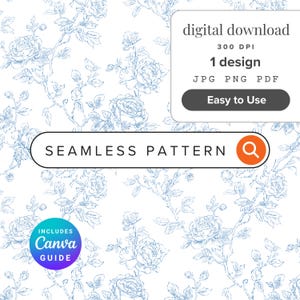 May include: A digital download featuring a seamless pattern of blue roses on a white background. Text includes digital download, 300 DPI, 1 design, JPG PNG PDF, Easy to Use, SEAMLESS PATTERN, and a circular badge that reads INCLUDES Canva GUIDE.