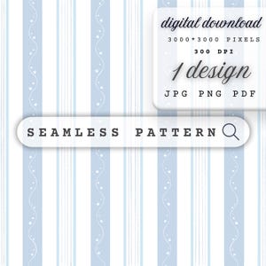 Puede incluir: Diseño de patrón sin costuras con rayas verticales en azul claro y blanco, adornado con un motivo de vid punteado. La imagen incluye texto: "descarga digital", "3000*3000 píxeles", "300 DPI" y "1 diseño". También se ve el texto "patrón sin costuras".