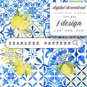 Puede incluir: Descarga digital de un patrón sin costuras. El diseño presenta azulejos azules y amarillos con motivos de limón y flores. La imagen incluye el texto "digital download" y "seamless pattern". La resolución es de 3000 x 3000 píxeles.