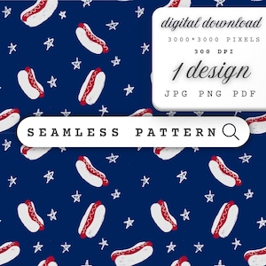 May include: A seamless pattern featuring white hot dogs with red mustard on a dark blue background. White stars are scattered throughout the pattern.