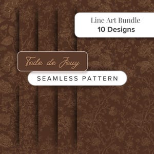 May include: A digital bundle of 10 seamless Toile de Jouy line art patterns featuring intricate floral and botanical illustrations in a dark brown and tan colour palette. The image includes text labels reading Line Art Bundle 10 Designs.