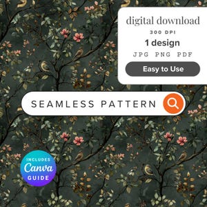 May include: A seamless pattern design featuring a dark green background with illustrations of birds, flowers, and branches. The words "digital download", "seamless pattern", and "Easy to Use" are included in the image.