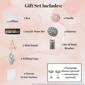 May include: A gift set for painting includes two canvases, two mini easels, two folding cups, a set of paint brushes, two palettes, a box, a candle, and an acrylic paint set. The canvases are 9.45 inches by 7 inches.