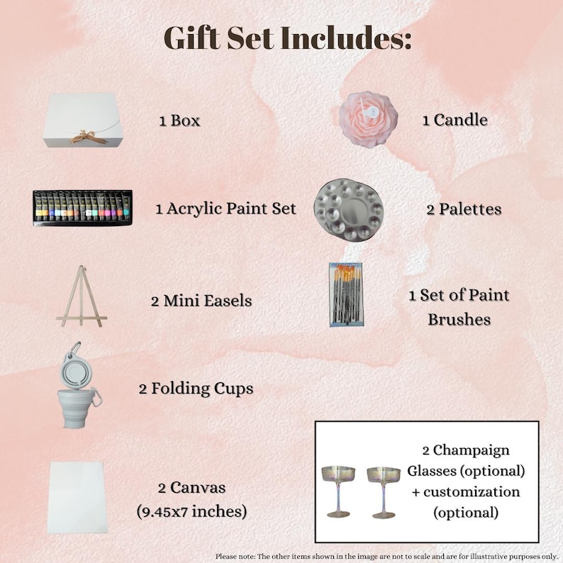 May include: A gift set for painting includes two canvases, two mini easels, two folding cups, a set of paint brushes, two palettes, a box, a candle, and an acrylic paint set. The canvases are 9.45 inches by 7 inches.