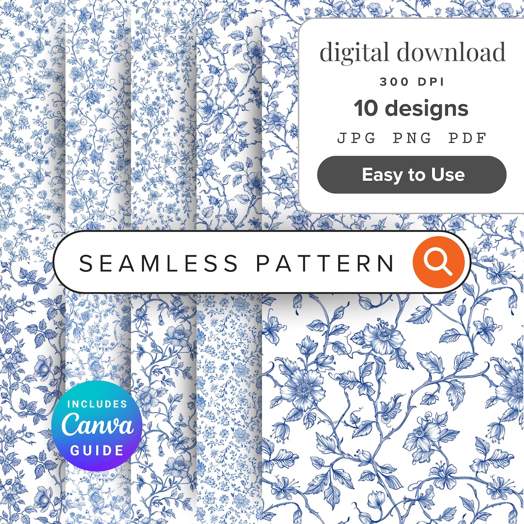 Blue Floral Seamless Pattern PNG French Toile De Jouy Flower Wedding ...