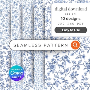 Blaues Blumenmuster PNG Französische Toile de Jouy Blumen Hochzeitseinladung Chinoiserie Digitaler Hintergrund Barock Line Art Printable