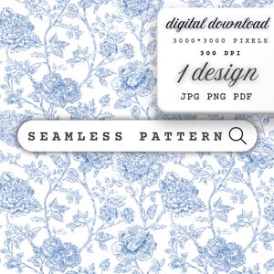 May include: A seamless pattern design with blue floral illustrations on a white backdrop. The design features detailed drawings of flowers and foliage. The image also includes the text "digital download" and "seamless pattern".