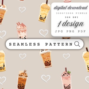 May include: A seamless pattern featuring various bubble tea drinks in different colors and flavors. The pattern includes brown, pink, and yellow bubble tea drinks with tapioca pearls, topped with whipped cream, chocolate, and other toppings. The background is a light beige color with white hearts.