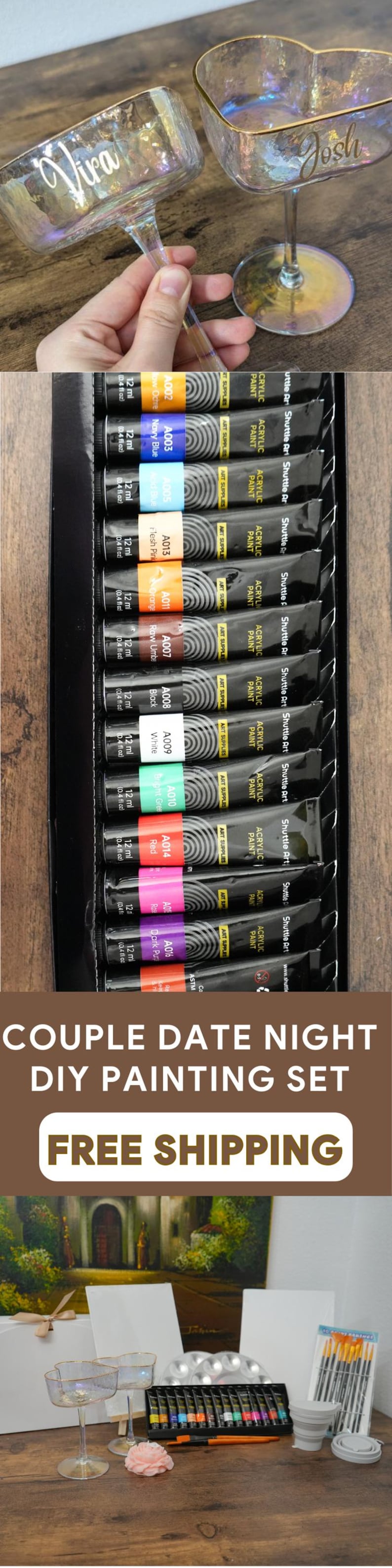 May include: A couple's date night DIY painting set with two iridescent heart-shaped glasses, two canvases, a set of 16 acrylic paints, two paint palettes, a set of brushes, and a silicone paint cup.