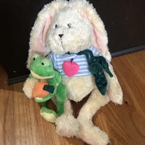 May include: A plush white bunny with pink ears and a blue and white striped shirt. The bunny is holding a green frog plush toy with an orange carrot. The bunny is wearing a pink heart necklace and a green beaded necklace.