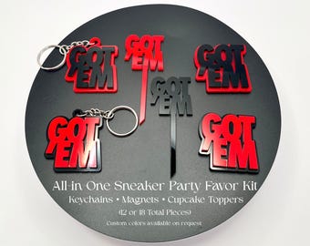 Got ’Em Sneakerhead Party Pack, Sneaker Decor and Party Favors for Sneaker Ball Birthday or Baby Shower, Magnets,Keychains & Toppers Bundle