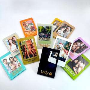 May include: A collection of rectangular photo magnets with various images and text. The magnets feature photos of people, pets, and events. Colors include orange, yellow, green, blue, and black. Some magnets have text like "Certified Cutie Pi's Pi Day 2026" and "Cheers to the Girls Weekend."