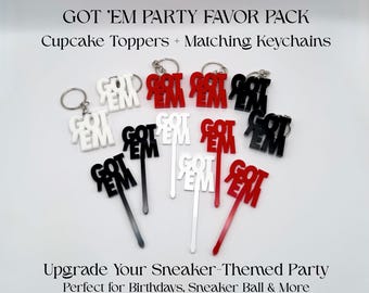 Got ’Em Cupcake Toppers and Keychain Bundle, Bulk Sneakerhead Party Favors, Sneaker Theme Decor for Sneaker Ball, Birthday, or Baby Shower
