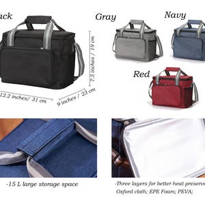 Puede incluir: Un juego de seis bolsas de almuerzo aisladas en negro, gris, azul marino y rojo. Cada bolsa tiene una cremallera, un asa superior y una correa para el hombro. Las bolsas miden 31 cm de ancho, 19 cm de alto y 23 cm de profundidad. Las bolsas tienen una capacidad de almacenamiento de 15 litros y est&aacute;n hechas de tela Oxford, espuma EPE y PEVA.