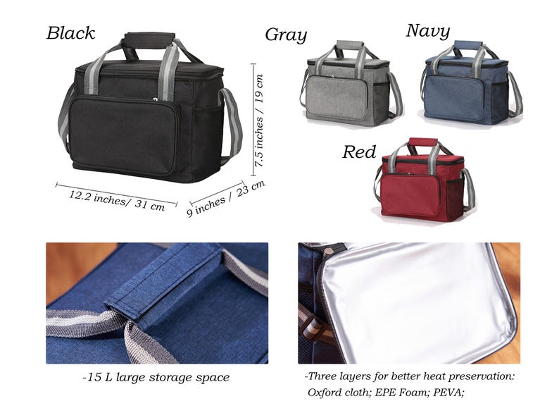 Puede incluir: Un juego de seis bolsas de almuerzo aisladas en negro, gris, azul marino y rojo. Cada bolsa tiene una cremallera, un asa superior y una correa para el hombro. Las bolsas miden 31 cm de ancho, 19 cm de alto y 23 cm de profundidad. Las bolsas tienen una capacidad de almacenamiento de 15 litros y est&aacute;n hechas de tela Oxford, espuma EPE y PEVA.