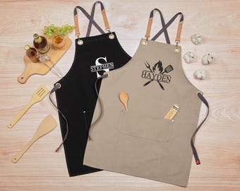 Personalized Canvas Apron, Custom Father's Day Gift, Bartender's Apron, Embroidered Apron, Barbeque Apron, Kitchen Apron for Women & Men