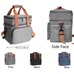 May include: A set of three insulated lunch bags in grey, black, and blue. Each bag has a zippered top closure, a handle, and an adjustable shoulder strap. The bags are 11 inches tall and 10.2 inches wide.