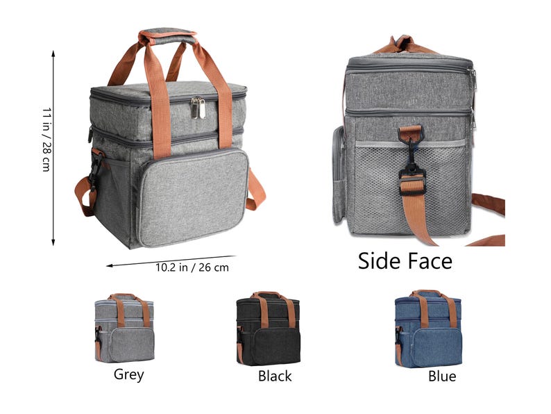 May include: A set of three insulated lunch bags in grey, black, and blue. Each bag has a zippered top closure, a handle, and an adjustable shoulder strap. The bags are 11 inches tall and 10.2 inches wide.