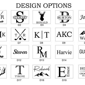 Puede incluir: Veinte opciones de dise&ntilde;o diferentes para un letrero de madera personalizado. Cada dise&ntilde;o presenta una combinaci&oacute;n diferente de iniciales, nombres y gr&aacute;ficos, incluidos cuernos de ciervo, monta&ntilde;as, palos de golf y texto. Los dise&ntilde;os est&aacute;n etiquetados con los n&uacute;meros D1 a D20.