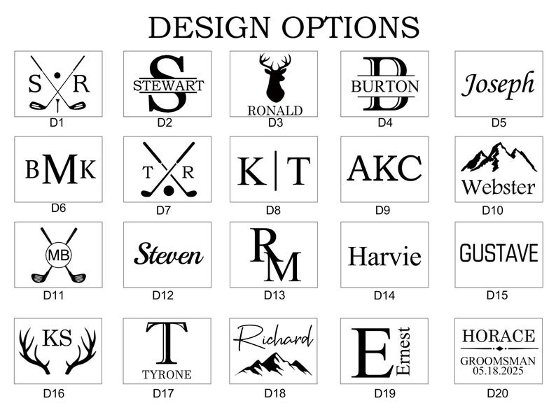 Puede incluir: Veinte opciones de dise&ntilde;o diferentes para un letrero de madera personalizado. Cada dise&ntilde;o presenta una combinaci&oacute;n diferente de iniciales, nombres y gr&aacute;ficos, incluidos cuernos de ciervo, monta&ntilde;as, palos de golf y texto. Los dise&ntilde;os est&aacute;n etiquetados con los n&uacute;meros D1 a D20.