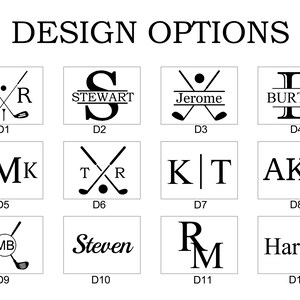 May include: Twelve different design options for a golf-themed personalized gift. Each design features a combination of letters, golf clubs, and a golf ball. The designs are labeled with numbers D1 through D12.